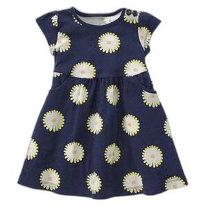 Gymboree navy blue yellow white knit short sleeve pocket daisy flower dress 3T 3